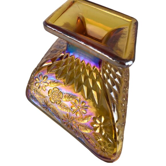 Vintage Iridescent Gold Carnival Glass Diamond Shaped Footed Candy Dish Floral - Picture 6 of 16